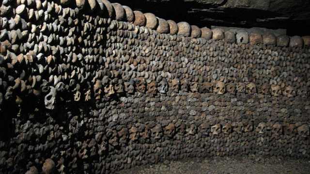 A pile of bones within the Catacombes of Paris
