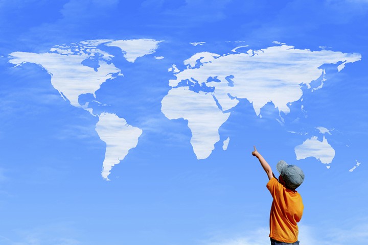 world map child pointing